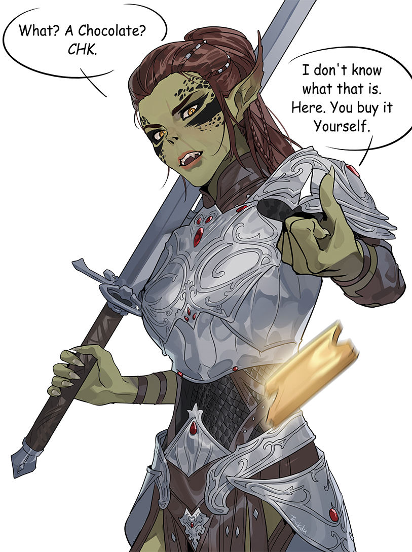 1girl, armor, baldur's_gate, baldur's_gate_3, black_skin, braid, breastplate, brown_hair