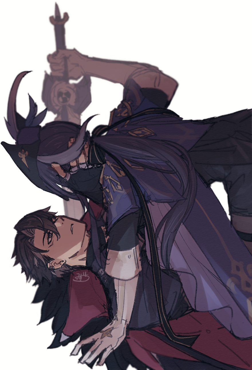 1boy, 1girl, black_gloves, black_hair, black_headwear, black_pantyhose, black_shirt, black_shorts