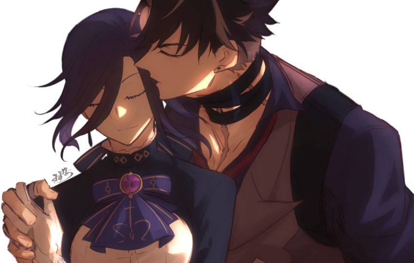 1boy, 1girl, black_choker, black_hair, blue_bow, blue_shirt, bow, choker