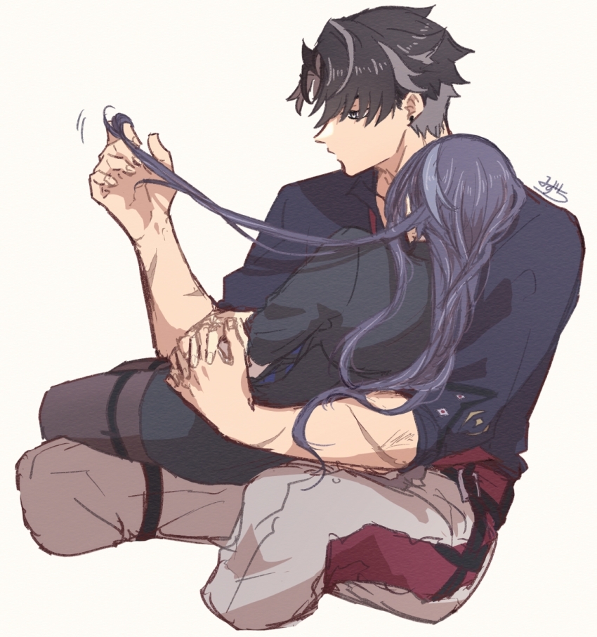1boy, 1girl, black_hair, black_pantyhose, black_shirt, black_skirt, blue_shirt, clorinde_(genshin_impact), collared_shirt, genshin_impact, grey_eyes, grey_hair, grey_pants, hair_behind_ear, hetero, highres, holding_hands, lying_on_lap, mizuchi_kai, multicolored_hair, pants, pantyhose, scar, scar_on_arm, shirt, skirt, streaked_hair, thigh_strap, white_background, wriothesley_(genshin_impact)