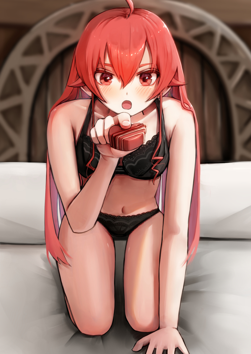 1girl, absurdres, ahoge, bed_sheet, black_bra, black_panties, blurry, blush