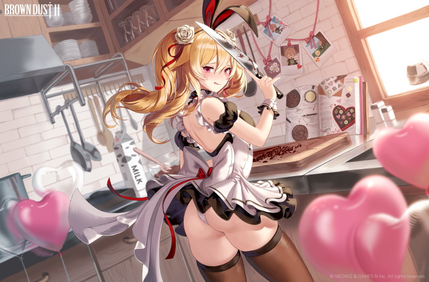 1girl, animal_ears, ass, balloon, black_dress, blonde_hair, blush, book, bowl, breasts, brown_dust_(series), brown_dust_2, brown_thighhighs, chibi, cookbook, cooking_pot, copyright_name, cupboard, cutting_board, dress, drink_carton, emoji, fake_animal_ears, feet_out_of_frame, flower, frilled_dress, frilled_wrist_cuffs, frills, from_behind, frying_pan, glass, gray_(brown_dust), hair_between_eyes, hair_flower, hair_ornament, heart, heart_balloon, highres, holding, holding_knife, kitchen, kitchen_knife, knife, ladle, liatris_(brown_dust), licking_lips, looking_at_viewer, looking_back, medium_breasts, medium_hair, milk_carton, official_art, picture_frame, pink_eyes, plate, rabbit_ears, salt_shaker, second-party_source, short_twintails, silence_girl, skindentation, solo, spoon, stove, thighhighs, tongue, tongue_out, twintails, two-tone_dress, white_dress, window_shadow, wrist_cuffs
