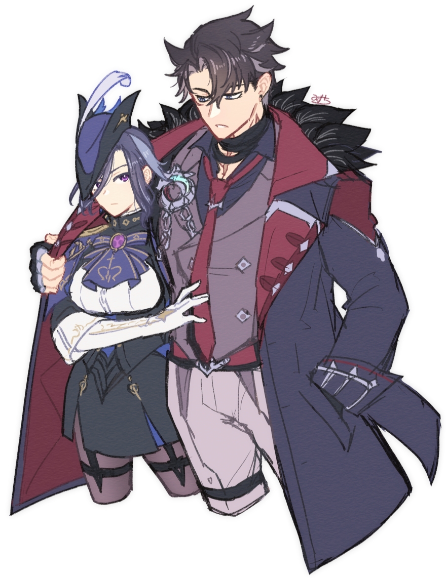 1boy, 1girl, arm_around_shoulder, blue_bow, blue_hair, blue_headwear, blue_jacket, bow