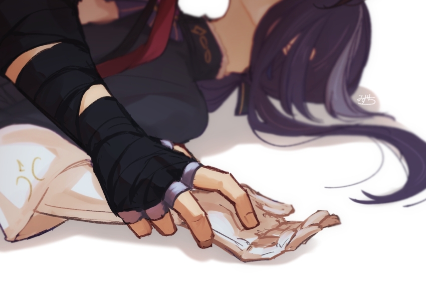 1boy, 1girl, black_gloves, black_ribbon, black_shirt, bow, clorinde_(genshin_impact), close-up, fingerless_gloves, from_side, genshin_impact, gloves, hair_ribbon, hand_focus, hetero, holding_another's_wrist, lying, mizuchi_kai, on_ground, purple_bow, purple_hair, ribbon, shadow, shirt, signature, white_background, white_gloves, wriothesley_(genshin_impact)
