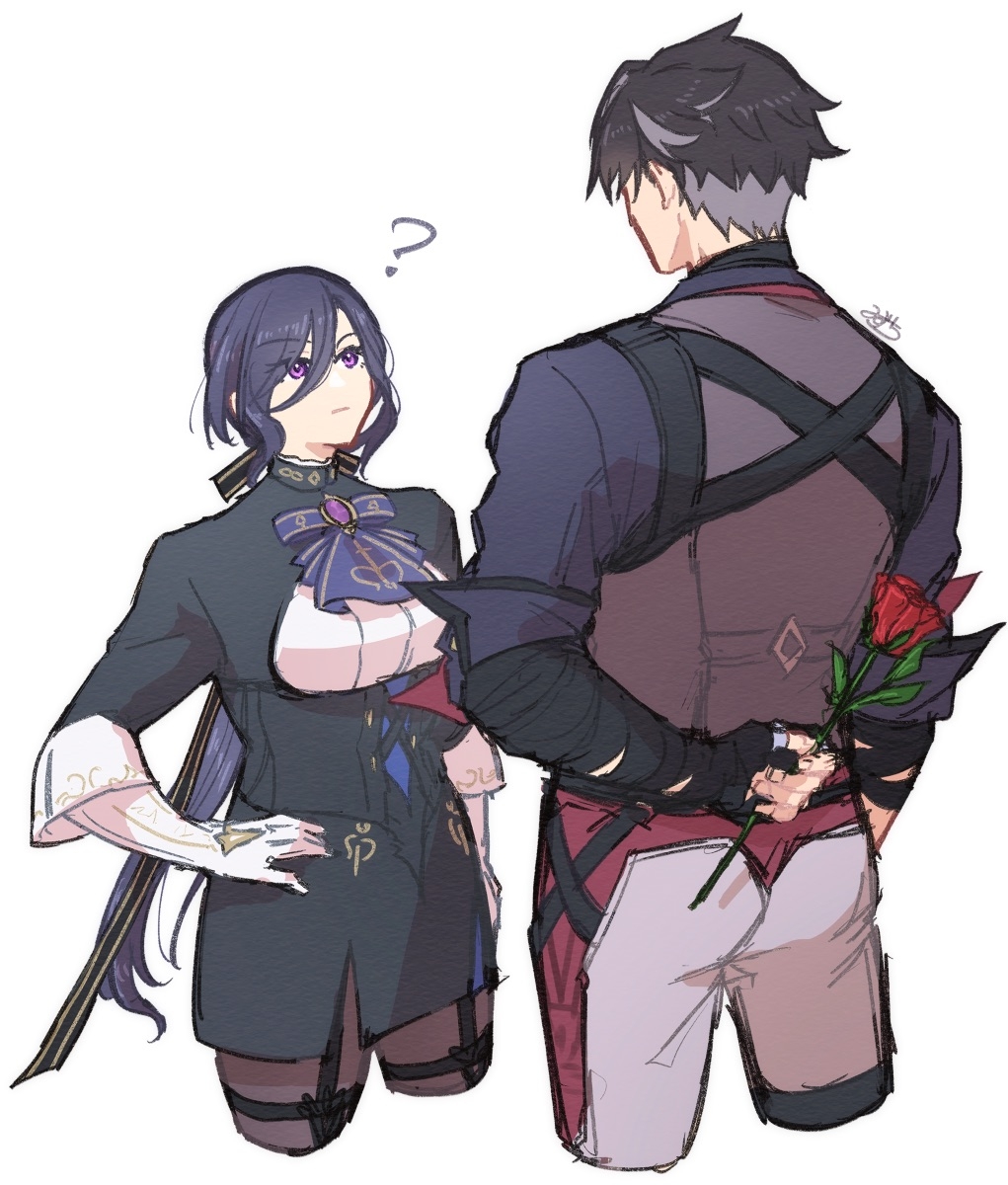1boy, 1girl, ?, black_gloves, black_hair, black_pantyhose, black_ribbon, black_skirt, blue_shirt, clorinde_(genshin_impact), confused, corset, cropped_legs, fingerless_gloves, flower, genshin_impact, gloves, grey_hair, grey_pants, grey_vest, hair_ribbon, highres, holding, holding_flower, long_hair, looking_up, low_ponytail, mizuchi_kai, multicolored_hair, pants, pantyhose, ponytail, purple_eyes, purple_hair, red_flower, red_rose, ribbon, rose, shirt, signature, skirt, streaked_hair, thigh_strap, very_long_hair, vest, white_background, wriothesley_(genshin_impact)