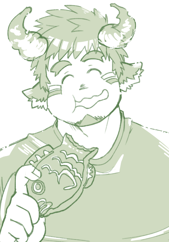 1boy, ^_^, animal_ears, bara, closed_eyes, cow_boy, cow_ears, cow_horns