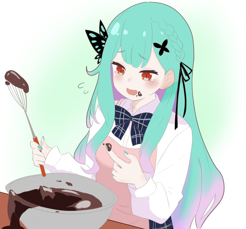 absurdres, butterfly_hair_ornament, chocolate, gradient_hair, green_hair, hair_ornament, highres, hololive