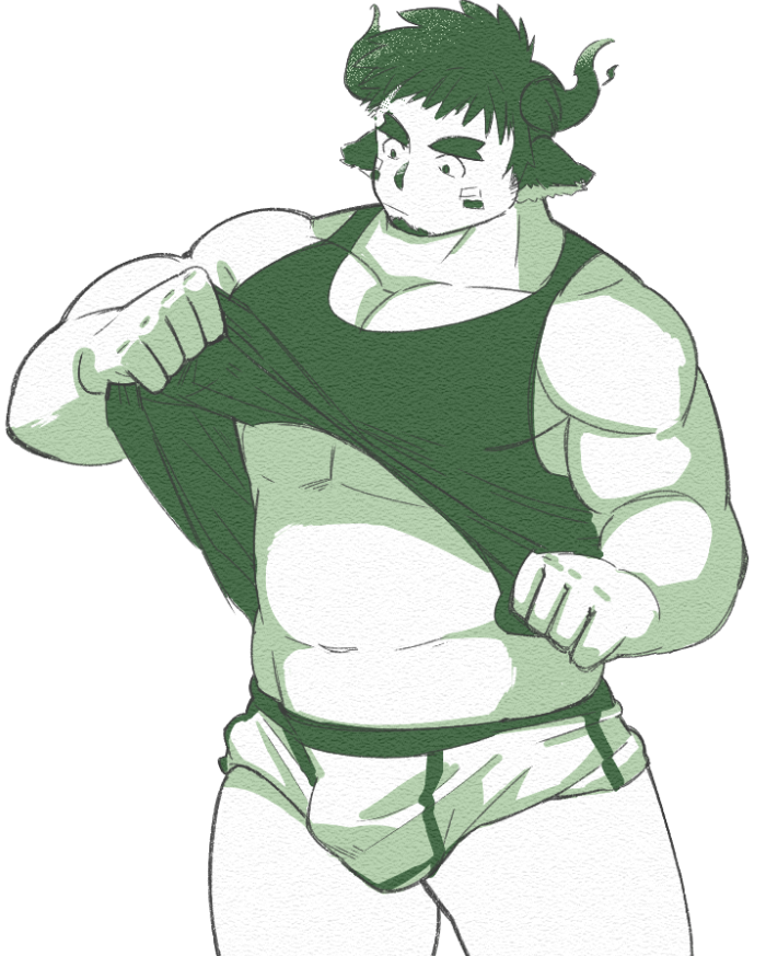 1boy, animal_ears, bara, black_tank_top, boxer_briefs, bulge, cow_boy, cow_ears, cow_horns, cowboy_shot, forked_eyebrows, glowing_horns, green_theme, horns, large_pectorals, lifting_own_clothes, looking_down, male_focus, male_underwear, monochrome, muscular, muscular_male, no_pants, pectoral_cleavage, pectorals, ragi_san_(ononokomachiimo), solo, standing, tank_top, thick_eyebrows, thighs, tokyo_houkago_summoners, underpec, underwear, wakan_tanka