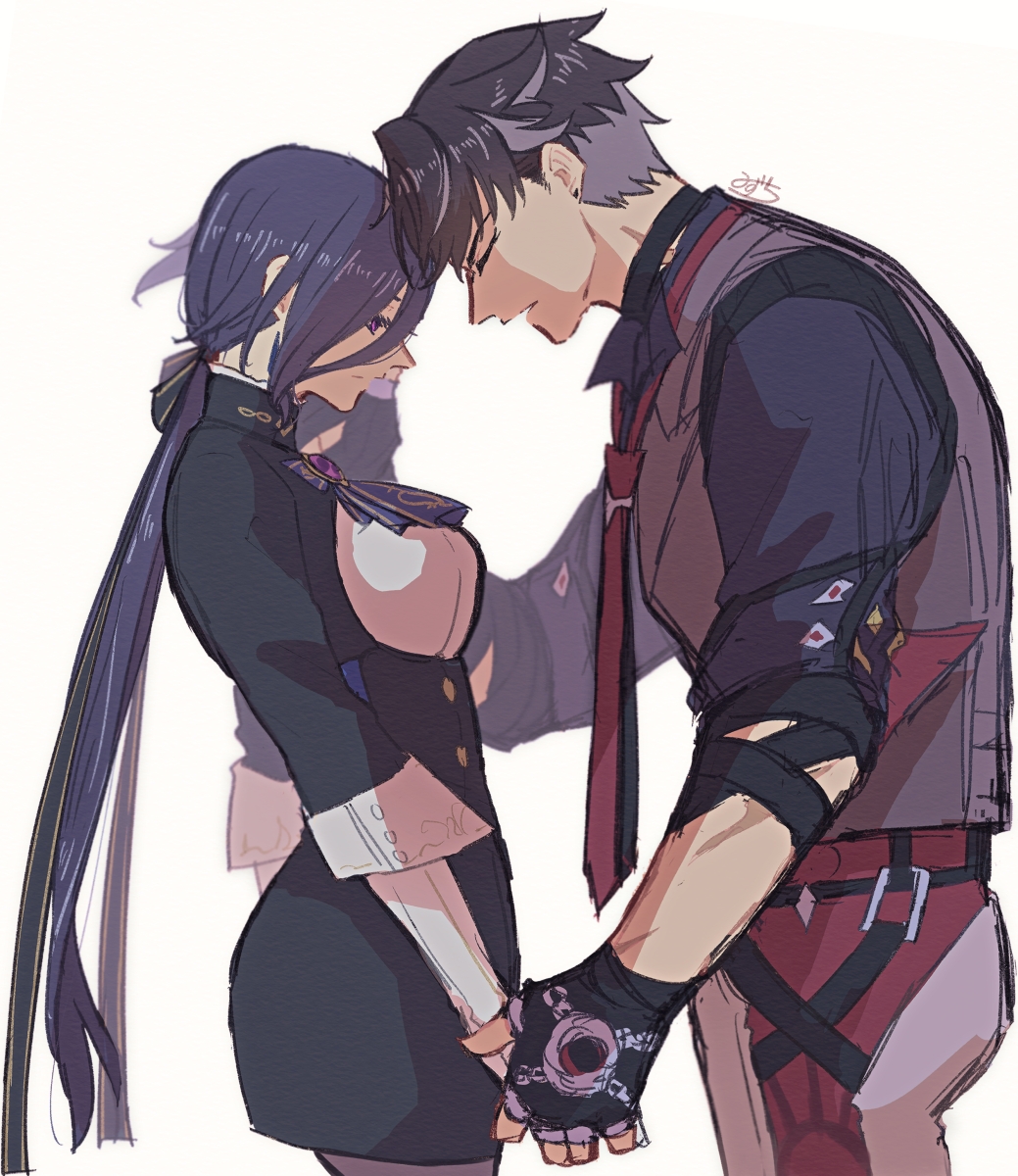 1boy, 1girl, black_corset, black_gloves, black_ribbon, black_skirt, blue_shirt, breasts