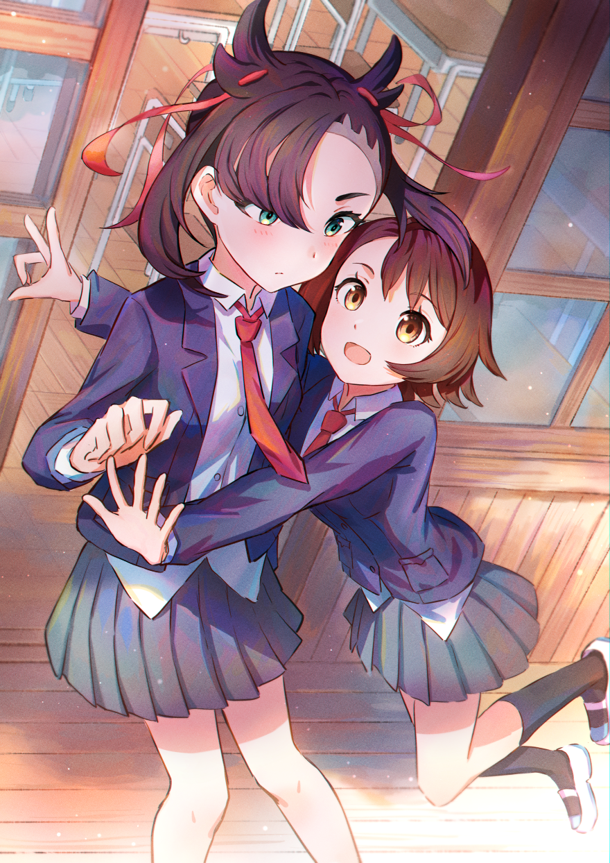 2girls, black_hair, black_socks, blazer, brown_eyes, brown_hair, classroom, day