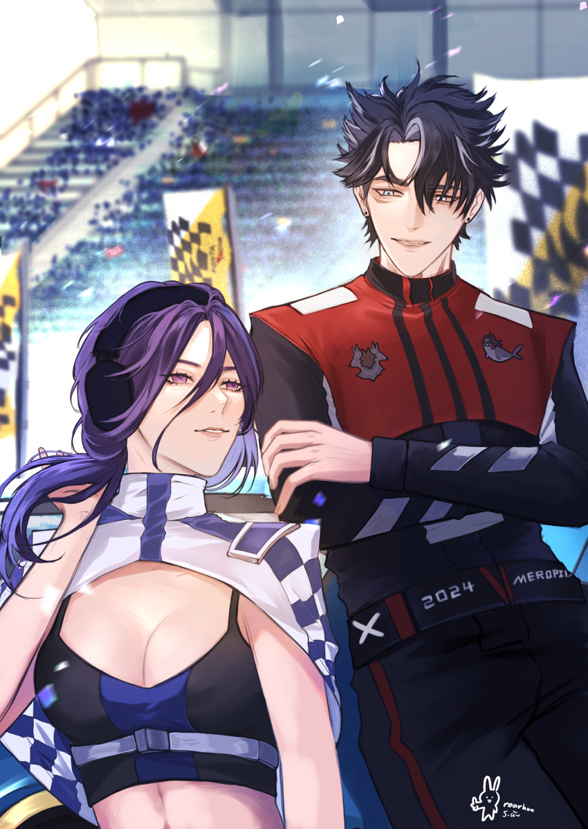 1boy, 1girl, absurdres, belt, black_belt, black_hair, black_jumpsuit, black_sports_bra