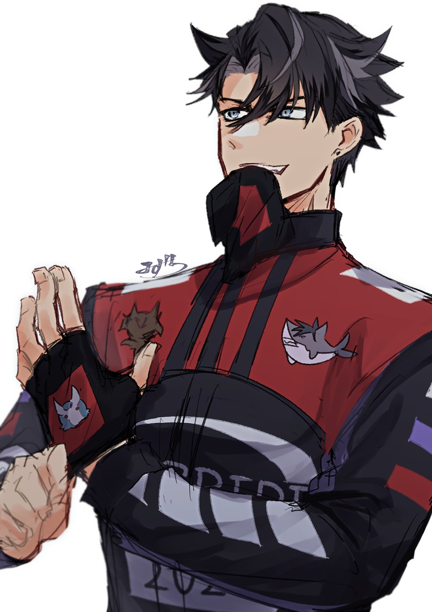 1boy, black_gloves, black_hair, black_jacket, blue_eyes, fingerless_gloves, genshin_impact, gloves