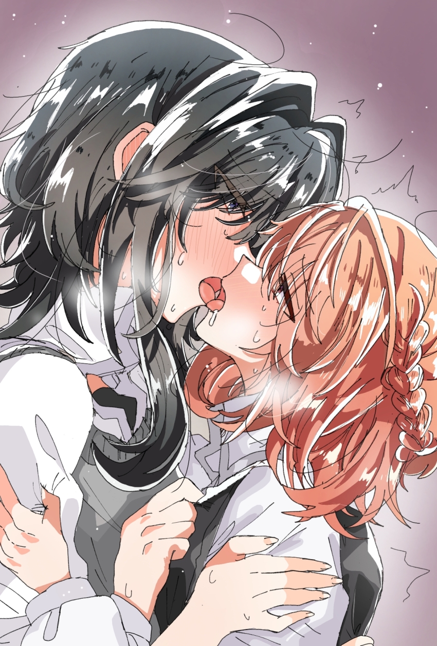 2girls, asanagi_yori, black_dress, blue_eyes, blush, braid, collared_shirt, commentary, dress, dress_shirt, ear_blush, english_commentary, eye_contact, french_kiss, grey_sweater_vest, half_up_braid, hand_on_another's_shoulder, height_difference, highres, kino_himari, kiss, looking_at_another, medium_hair, multiple_girls, open_mouth, orange_eyes, orange_hair, pinafore_dress, sasayaku_you_ni_koi_wo_utau, shirt, short_hair, sidelocks, sleeveless, sleeveless_dress, sweat, sweater_vest, tongue, tongue_out, upper_body, white_shirt, wolf_cut, yoruneko_(liampadolina), yuri