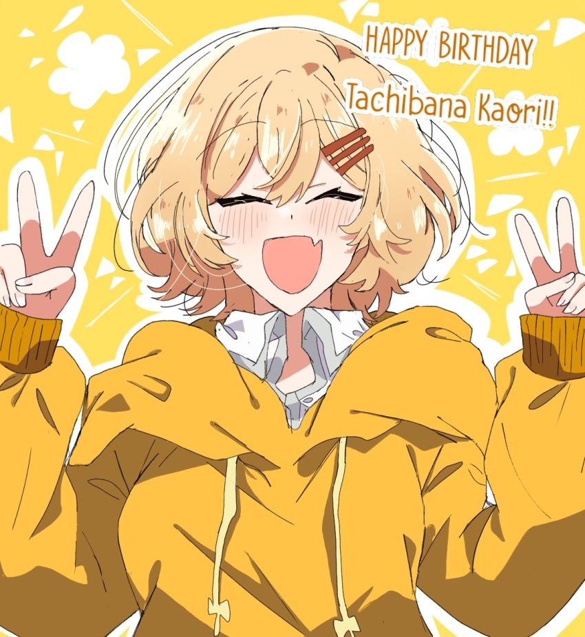 1girl, blonde_hair, blush, closed_eyes, collared_shirt, commentary, double_v, dress_shirt