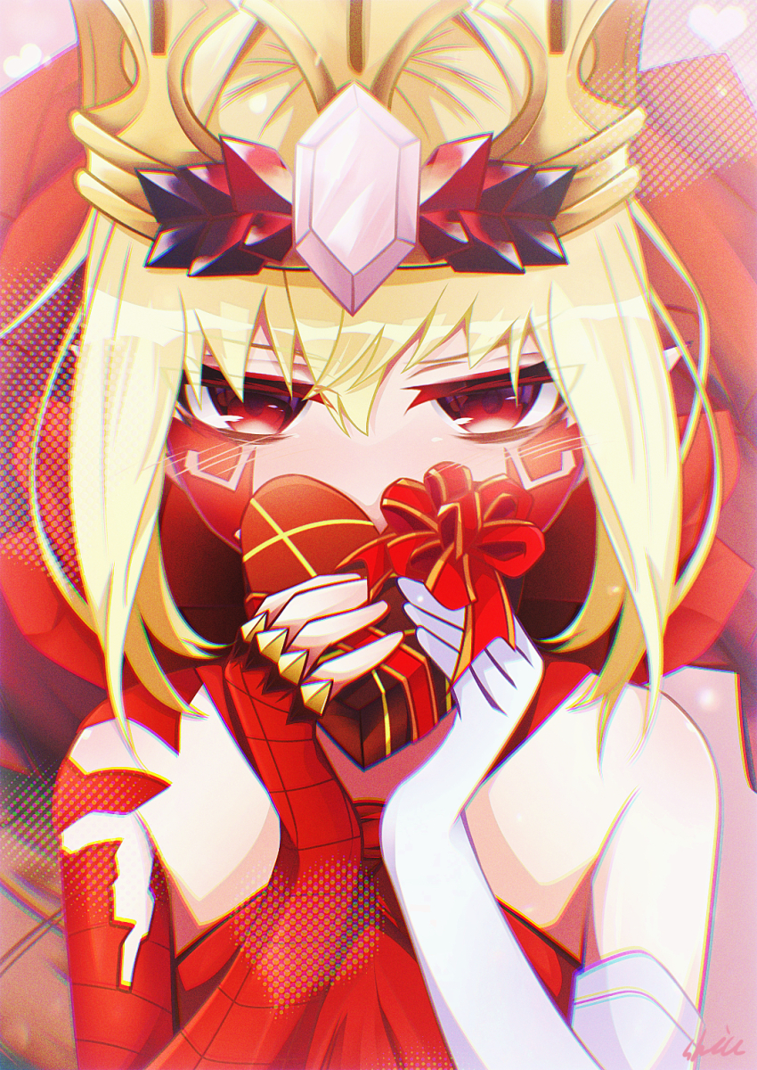 1girl, bare_shoulders, blonde_hair, blush, box, braid, breasts, bun_with_braided_base, crown, dragon_tail, dress, elbow_gloves, facial_mark, fate/grand_order, fate_(series), gift, gift_box, gloves, gold_crown, hair_bun, hair_intakes, heart-shaped_box, highres, long_hair, looking_at_viewer, nero_claudius_(fate), pointy_ears, queen_draco_(fate), queen_draco_(first_ascension)_(fate), red_dress, red_eyes, scales, shiushiu_kurauneru_plus, single_glove, small_breasts, solo, tail, valentine, white_gloves
