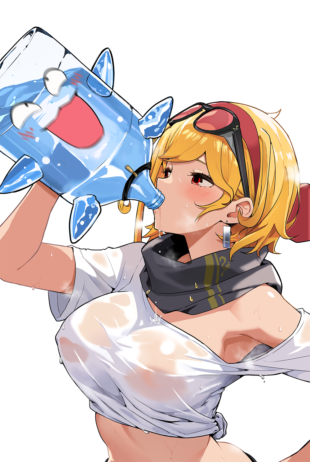 1girl, armpits, blonde_hair, bottle, drinking, earrings, eyewear_on_head, galon_(kaela_kovalskia), highres, hololive, hololive_indonesia, jewelry, kaela_kovalskia, midriff, popo_(popo0cat), red_eyes, scarf, see-through_clothes, see-through_shirt, shirt, simple_background, solo, steam, steaming_body, sunglasses, sweat, sweaty_clothes, tied_shirt, upper_body, virtual_youtuber, water, water_bottle, wet, wet_clothes, white_background, white_shirt