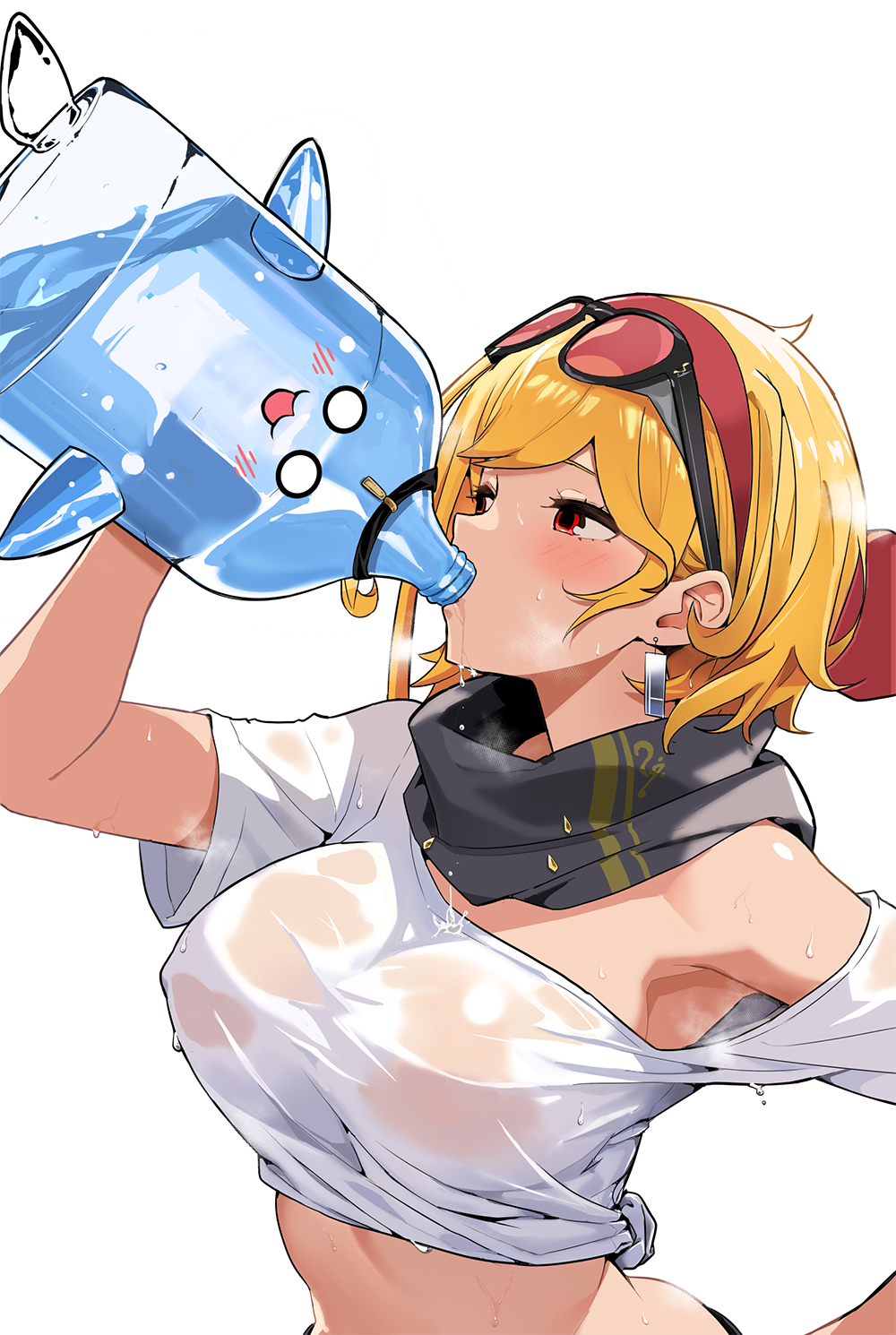 1girl, armpits, blonde_hair, bottle, drinking, earrings, eyewear_on_head, galon_(kaela_kovalskia)