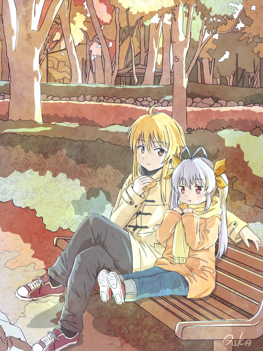 2girls, ahoge, asuka_(pixiv82529874), autumn, bench, blonde_hair, blue_pants, brown_eyes