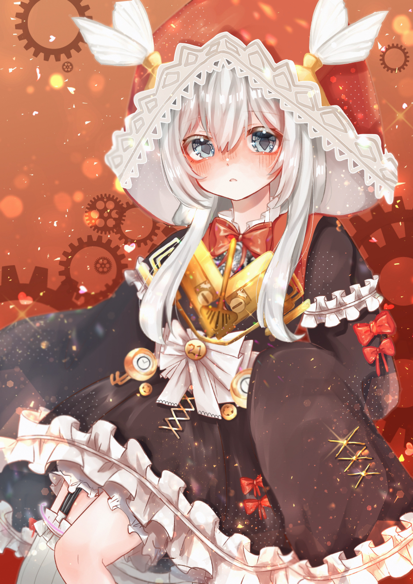 absurdres, black_dress, bow, bowtie, character_name, dress, feathers, frilled_dress