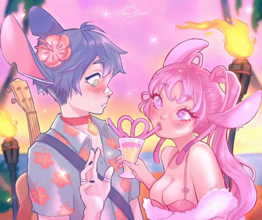 angel_(lilo_&amp;_stitch), animal_collar, bandage_on_nose, beach, blue_hair, blush, breasts, collar, disney, dress, flower, flower_on_head, hawaiian_shirt, humanization, instrument, lilo_&amp;_stitch, palm_tree, pink_dress, pink_hair, pink_sky, purple_eyes, shirt, sky, stitch!, stitch_(lilo_&amp;_stitch), stitch_(stitch!), straws, torch, tree, ukulele, yellow_eyes