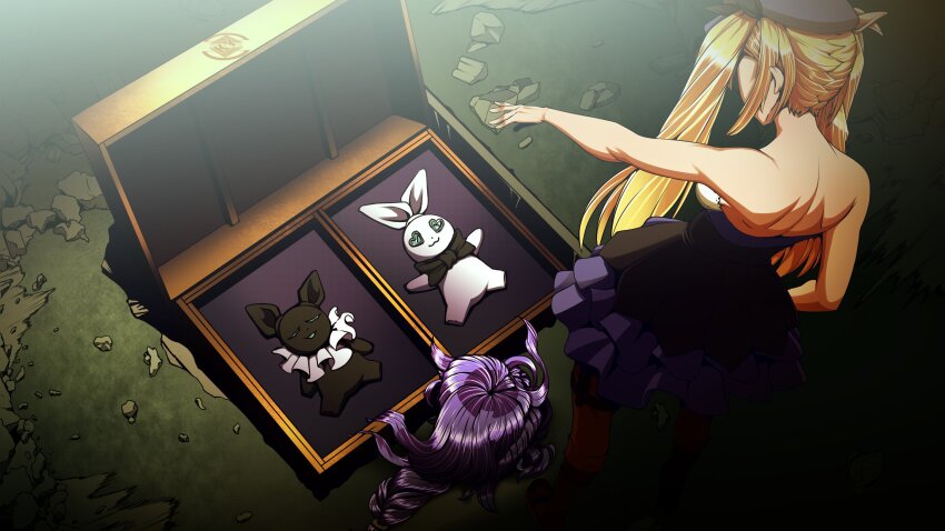 1girl, animal_ears, backless_dress, backless_outfit, bao_bao_(dokibird), blonde_hair, box, dokibird, dokibird_(retro_doki), dragoon_(dokibird), dress, head_wings, highres, indie_virtual_youtuber, john_wick, kale_yville, long_hair, mei_mei_(dokibird), nijisanji, nijisanji_en, parody, purple_hair, rabbit_ears, ribbon, selen_tatsuki, twintails, very_long_hair, virtual_youtuber, wig, wings