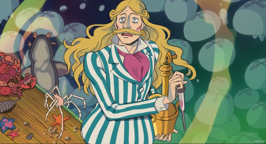 1boy, ascot, blonde_hair, cosplay, crossover, curly_hair, donquixote_homing, earrings, facial_hair, fish, formal_clothes, fujimoto_(ponyo), fujimoto_(ponyo)_(cosplay), gake_no_ue_no_ponyo, high_collar, highres, holding, holding_jar, jar, jellyfish, jewelry, long_hair, look-alike, mustache, one_piece, open_mouth, parody, pink_ascot, spicemachine02, starfish, striped_suit, studio_ghibli, studio_ghibli_(style), suit, surprised, thick_mustache, underwater, upper_body