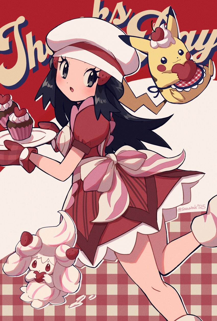 1girl, alcremie, alcremie_(strawberry_sweet), apron, black_hair, blush, bow, chef_hat, cherry, cupcake, dawn_(palentine's_2021)_(pokemon), dawn_(pokemon), dress, eyelashes, food, food-themed_hair_ornament, fruit, gen_1_pokemon, gen_8_pokemon, gingham_background, grey_eyes, hair_ornament, hairclip, happy_valentine, hat, heart, highres, holding, long_hair, mittens, nintendo, official_alternate_costume, open_mouth, oven_mitts, pikachu, pikachu_(assorted_chocolates_2024), pokemon, pokemon_(creature), pokemon_masters_ex, red_dress, red_mittens, sawarabi_(sawarabi725), short_sleeves, sidelocks, simple_background, strawberry_hair_ornament, whipped_cream, white_headwear
