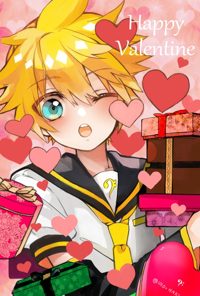 1boy, artist_name, black_sailor_collar, blonde_hair, blue_eyes, box, box_of_chocolates, gift, gift_box, happy_valentine, heart, holding, holding_gift, ironaki, kagamine_len, looking_at_viewer, male_focus, messy_hair, necktie, one_eye_closed, open_mouth, patterned_background, pink_background, sailor_collar, shirt, short_hair, short_sleeves, solo, teeth, twitter_username, upper_teeth_only, valentine, vocaloid, white_shirt, yellow_necktie