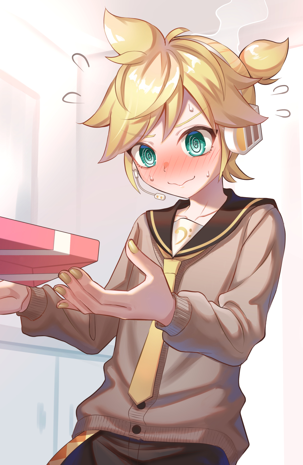 1boy, @_@, aroeruji3, black_sailor_collar, black_shorts, blonde_hair, blush, box