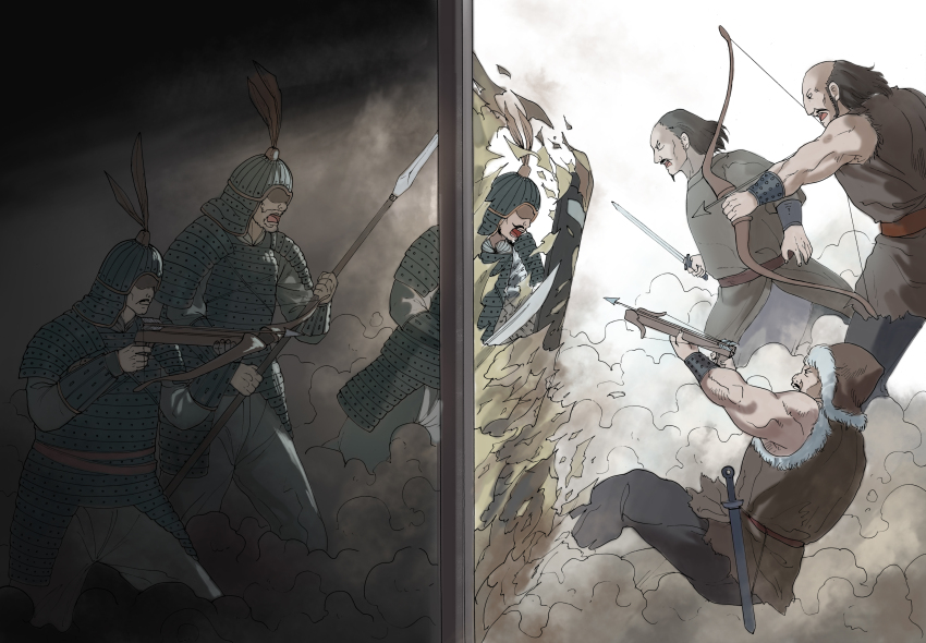 absurdres, aiming, armor, arrow_(projectile), bow_(weapon), breaking_through_wall, chang'an_shier_shichen, chinese_armor