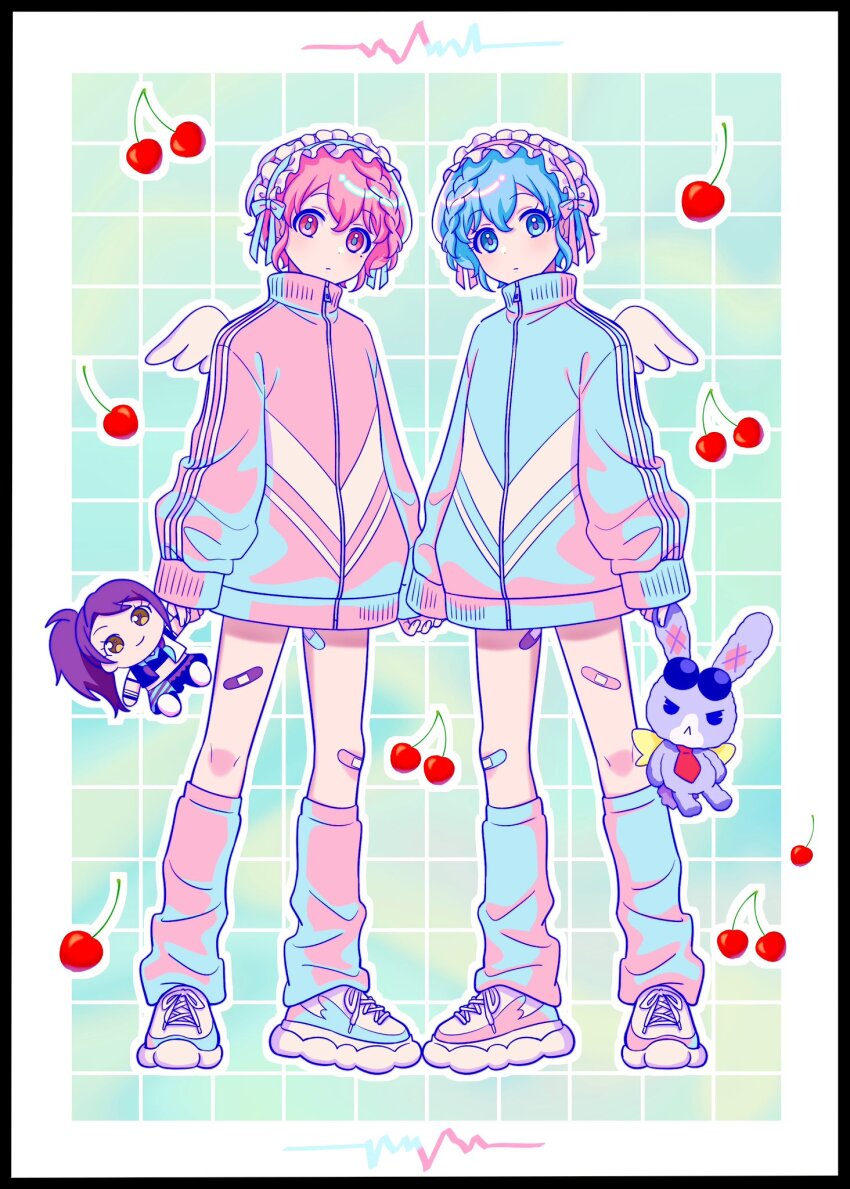 1boy, 1girl, alternate_costume, bandaid, bandaid_on_leg, blue_background, blue_eyes, blue_hair