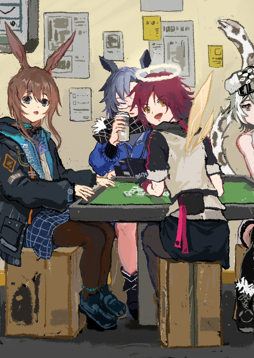4girls, amiya_(arknights), animal_ears, arknights, black_jacket, black_leggings, black_skirt, blue_eyes, bottle, box, brown_hair, brown_leggings, cliffheart_(arknights), drinking, exusiai_(arknights), fang_(arknights), fang_(cruciata)_(arknights), from_behind, glasses, grey_hair, halo, highres, jacket, leggings, long_hair, looking_at_viewer, looking_back, mahjong, multiple_girls, on_box, open_clothes, open_jacket, plaid_clothes, plaid_skirt, rabbit_ears, rabbit_girl, red_hair, rhodes_island_logo_(arknights), shiiirooo, sitting, sitting_on_box, skirt, tail, water_bottle, white_hair, wings