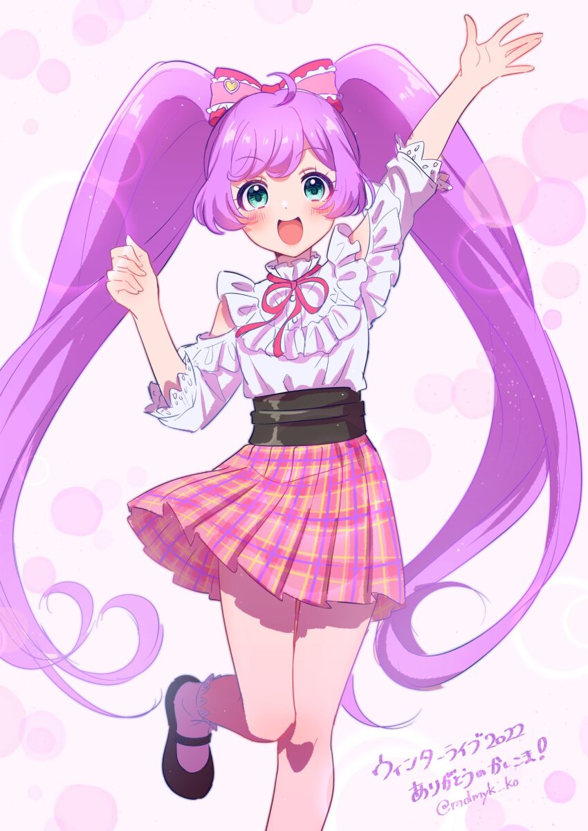 1girl, :d, ahoge, arm_up, black_footwear, blue_eyes, bow, clothing_cutout