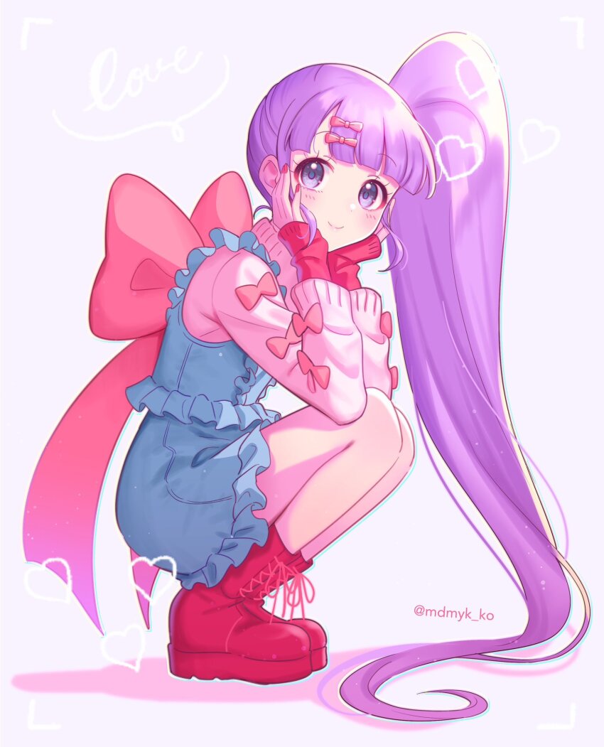 1girl, back_bow, blue_dress, blunt_bangs, boots, bow, closed_mouth, commentary_request