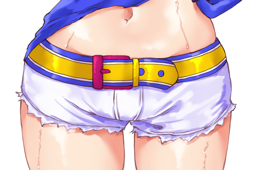 1girl, animal_ears, asake_ameji, belt, blue_shorts, commentary_request, cowboy_shot, cutoffs