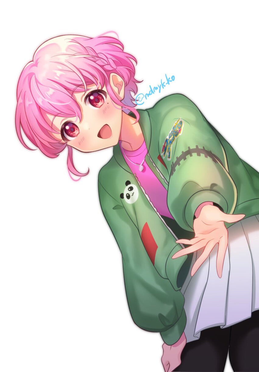 1boy, :d, braid, cowboy_shot, crossdressing, crossdressing_(mtf), green_jacket, hand_on_own_leg