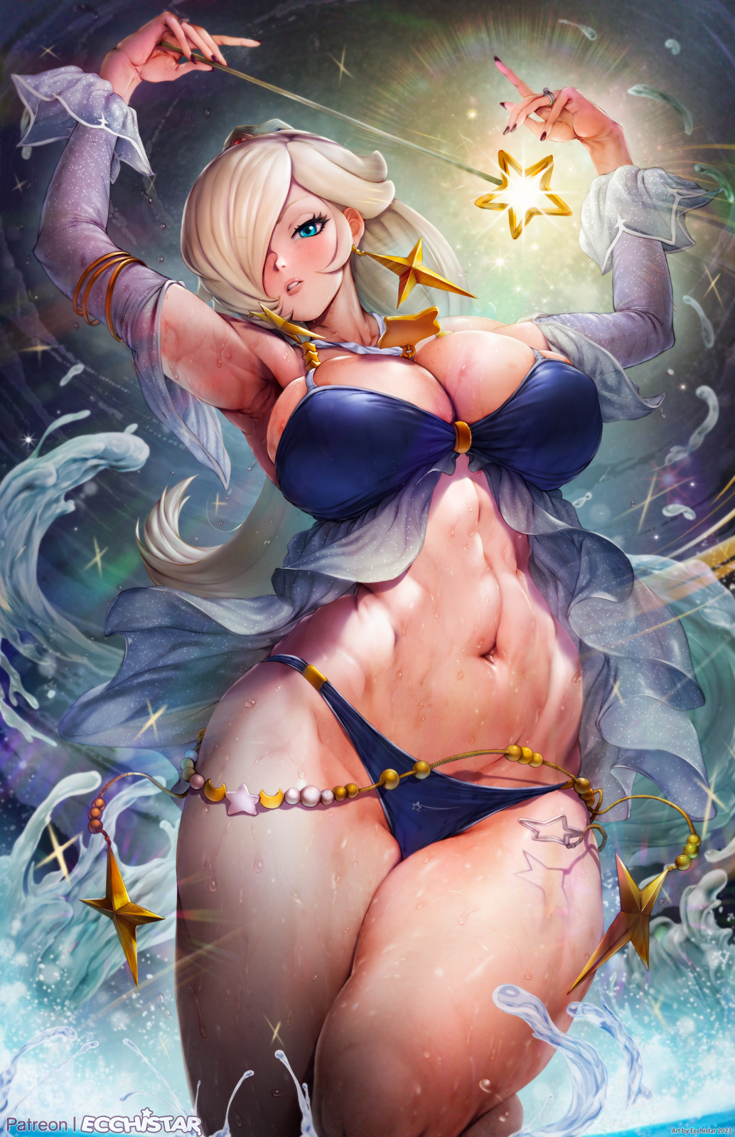 1girl, bikini, blonde_hair, blue_eyes, breasts, cleavage, cutepet, earrings