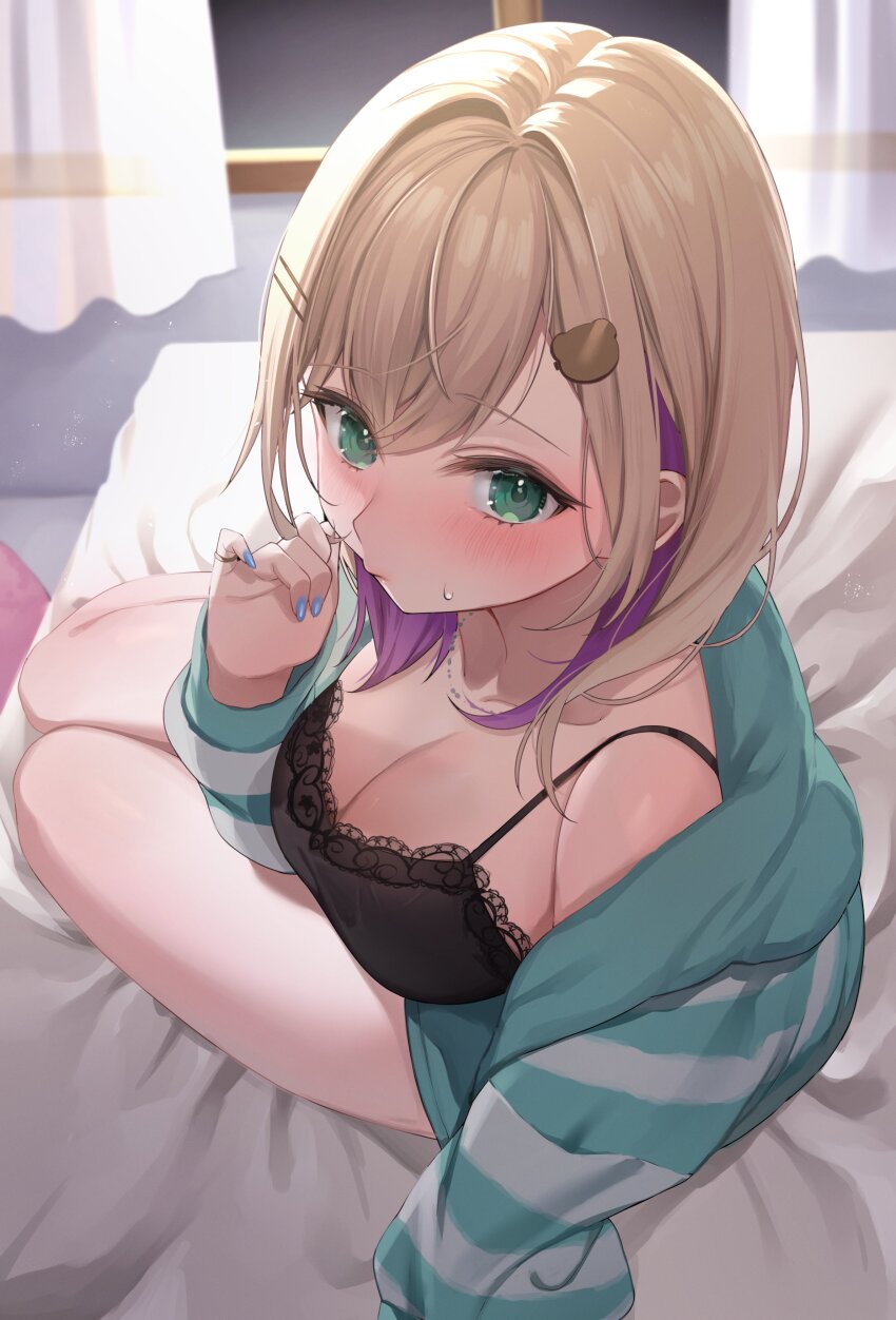 0707_una, 1girl, absurdres, bare_shoulders, bed, black_camisole, blonde_hair, blue_nails
