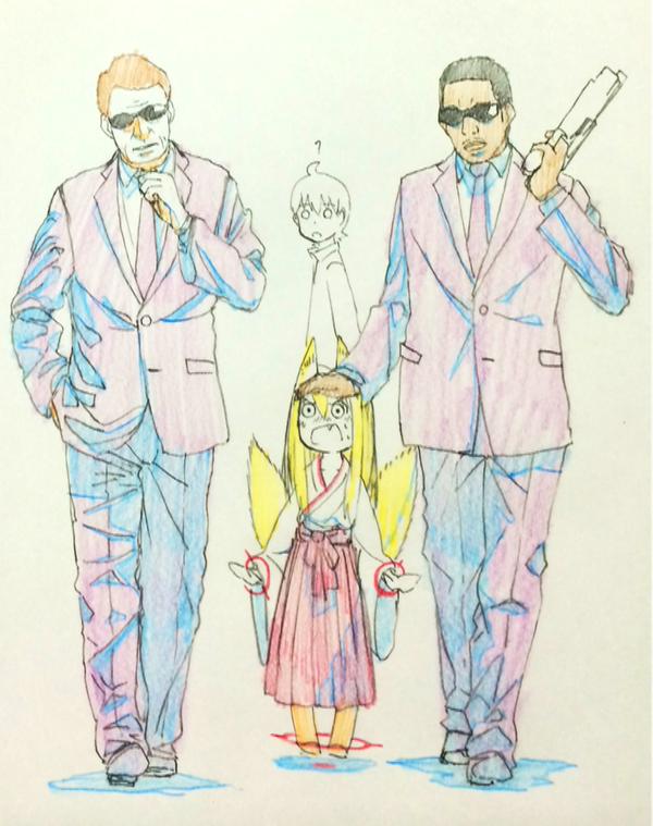 1girl, 3boys, agent_j, agent_k, ahoge, animal_ears, arrest, barikios