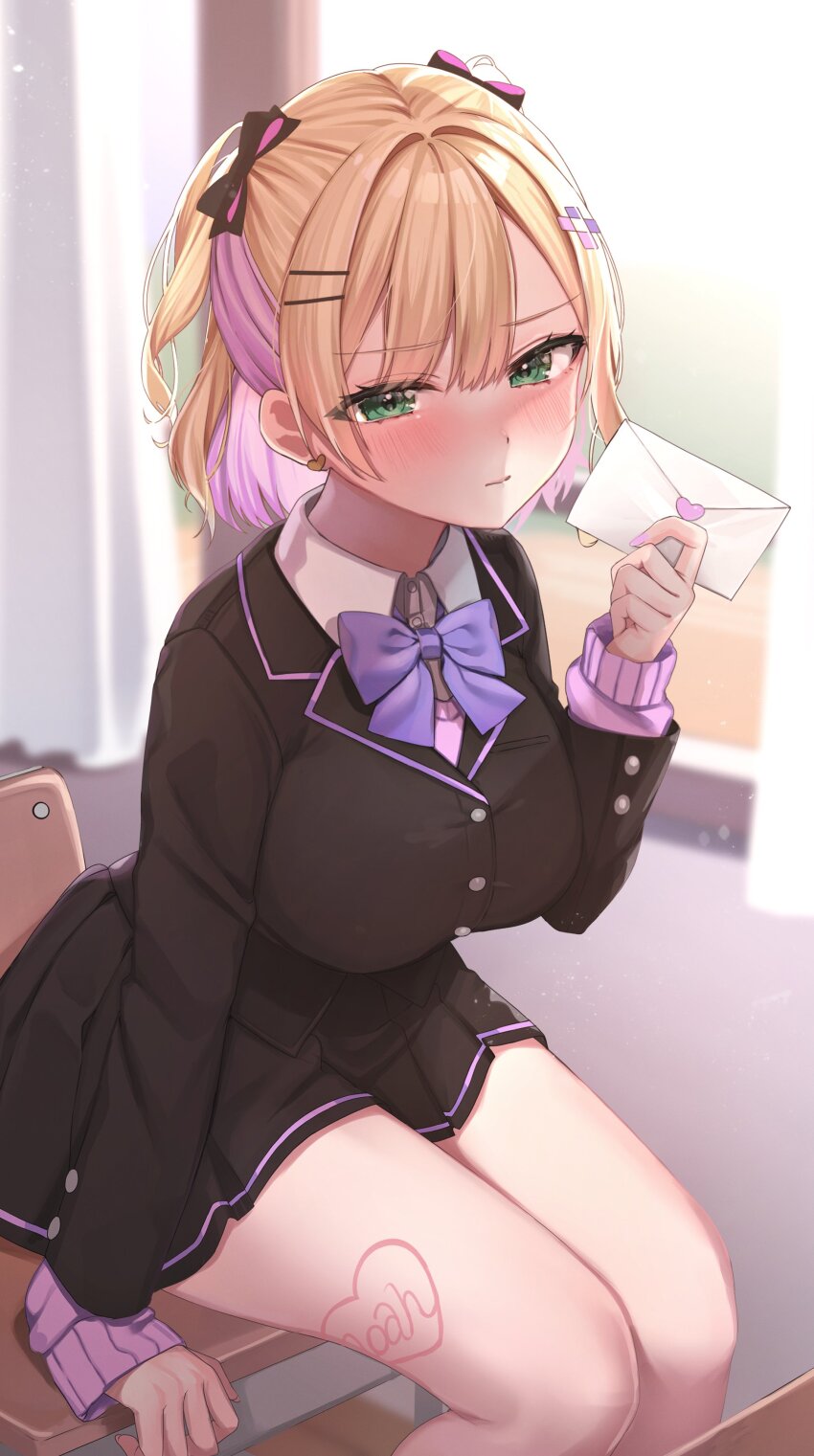 0707_una, 1girl, absurdres, arm_support, black_jacket, black_skirt, blazer, blonde_hair