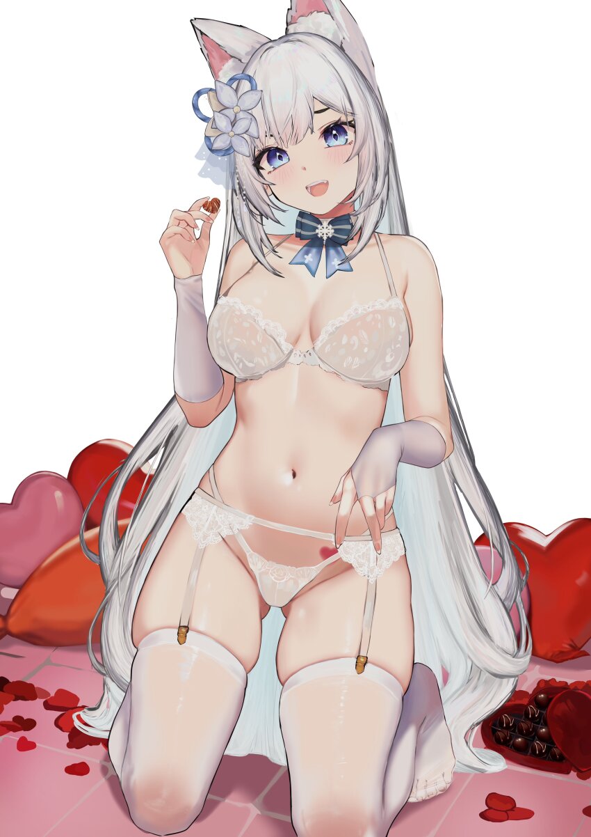 1girl, absurdres, animal_ears, blue_eyes, box, bra, breasts, bridal_gauntlets, candy, chocolate, chocolate_heart, food, fox_ears, freya_(baefreya), garter_belt, gloves, grey_hair, hair_ornament, heart, heart-shaped_box, heart-shaped_pillow, highres, indie_virtual_youtuber, kneeling, lingerie, long_hair, looking_at_viewer, medium_breasts, navel, open_mouth, panties, pillow, second-party_source, skindentation, solo, thighhighs, underwear, underwear_only, v_(vulpixsi), very_long_hair, virtual_youtuber, white_bra, white_garter_belt, white_gloves, white_panties, white_thighhighs