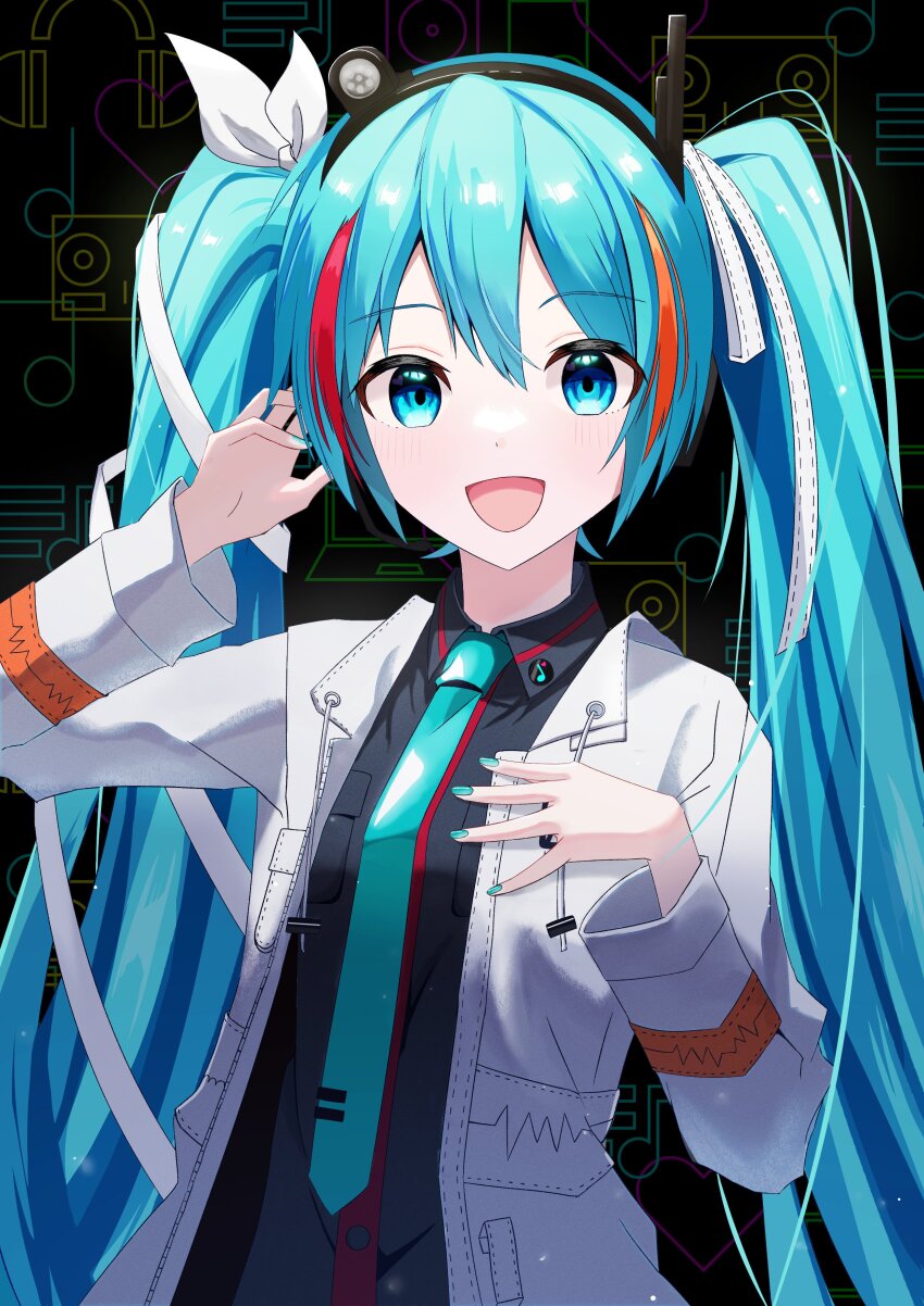 1girl, a.i._voice, absurdres, adachi_rei, black_background, black_shirt, blue_hair, blue_nails