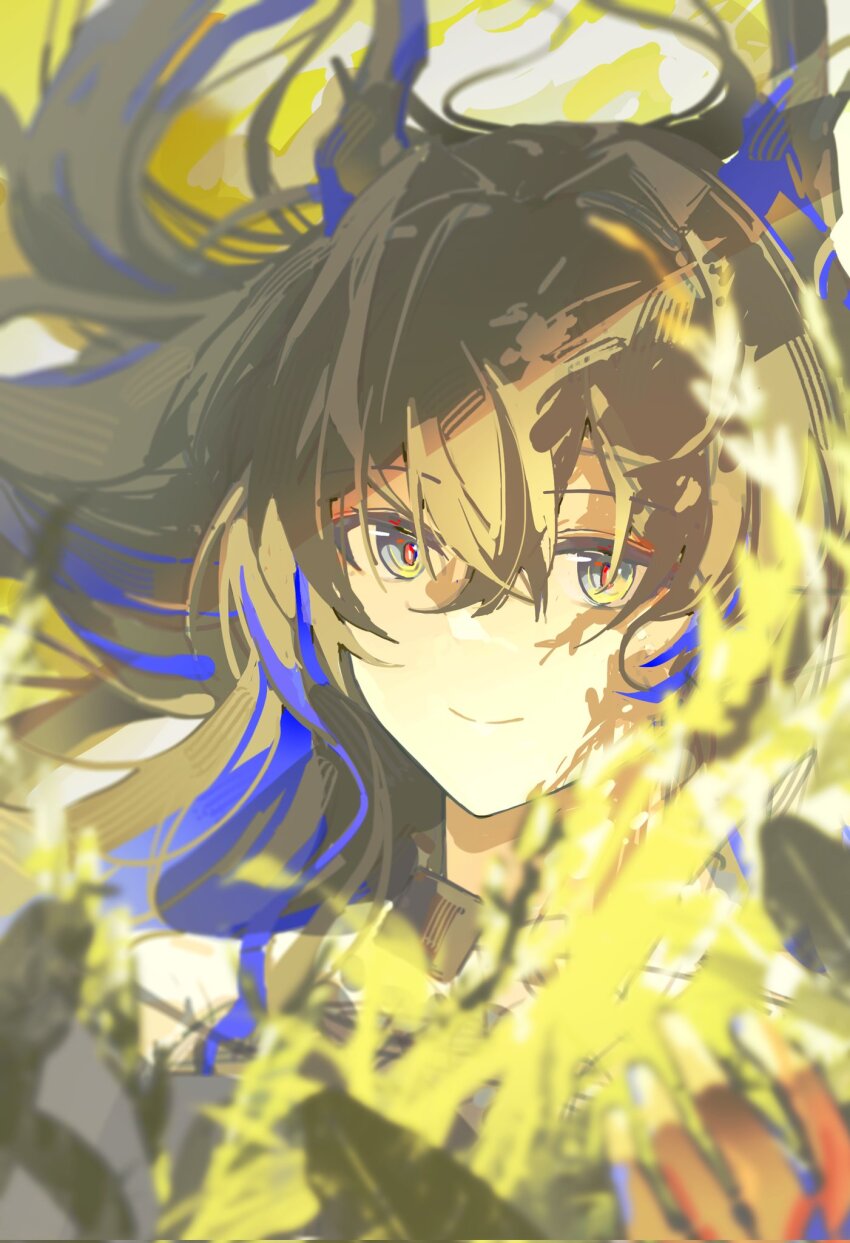 1girl, arknights, blue_hair, closed_mouth, crossed_bangs, dragon_girl, dragon_horns, green_hair