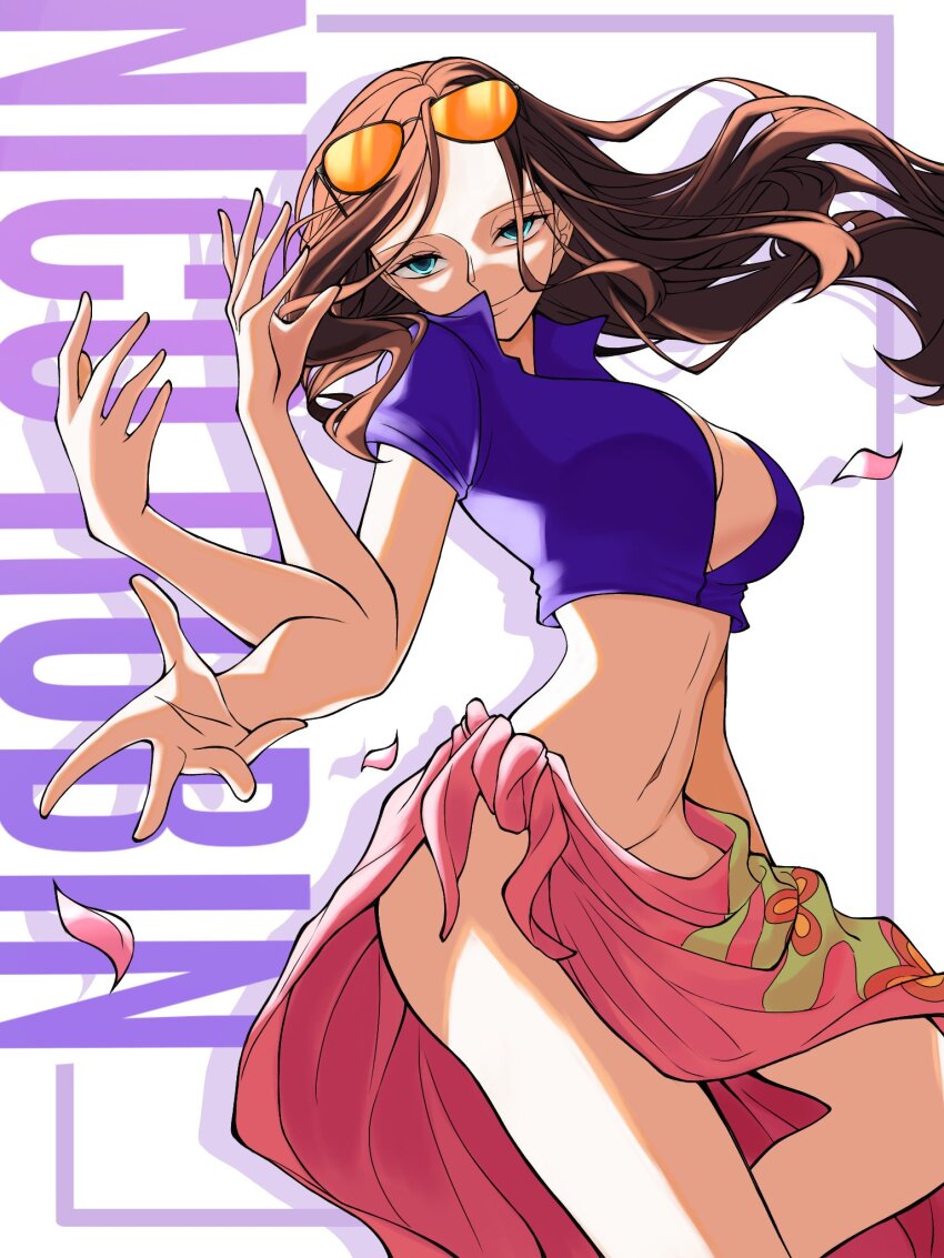 02mikan, 1girl, black_hair, blue_eyes, blue_jacket, breasts, character_name, cleavage, commentary, cowboy_shot, crop_top, cropped_jacket, extra_arms, eyewear_on_head, floating_hair, hana_hana_no_mi, highres, jacket, long_hair, looking_at_viewer, midriff, navel, nico_robin, nico_robin_(return_to_sabaody), one_piece, petals, pink_sarong, sarong, short-sleeved_jacket, short_sleeves, smile, solo, sunglasses