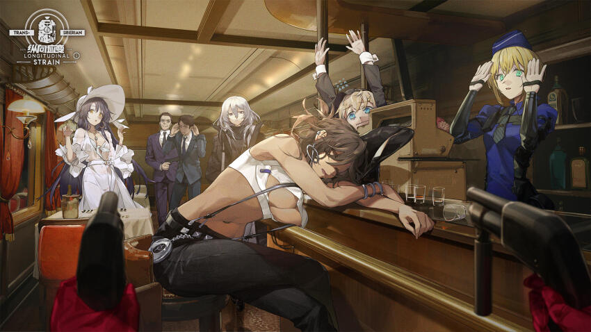 2boys, 6+girls, alcohol, arms_up, artist_request, bags_under_eyes, bangle, bikini