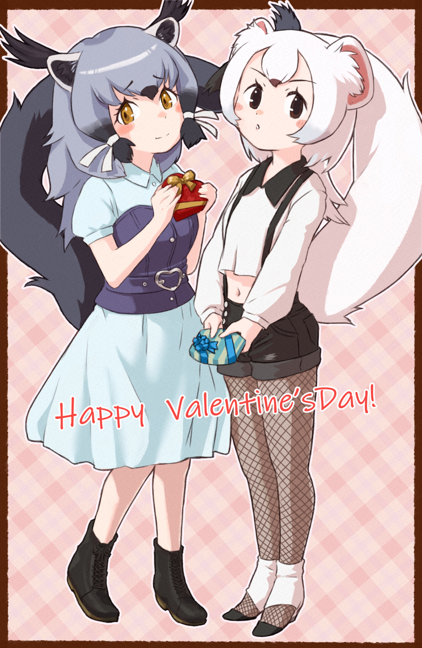 2girls, absurdres, alternate_costume, animal_ears, binturong_(kemono_friends), binturong_girl, black_footwear, black_hair