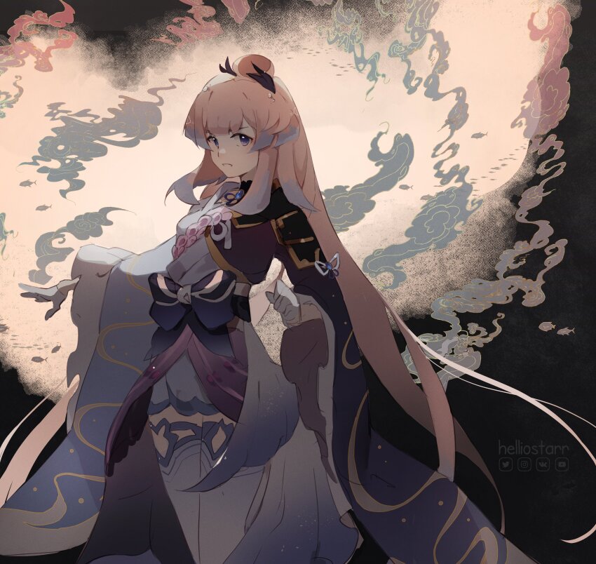 1girl, absurdres, alternate_costume, bow, colored_tips, commentary, english_commentary, genshin_impact