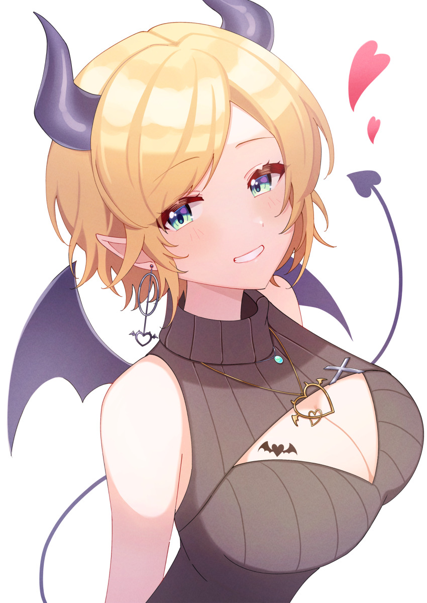 1girl, absurdres, bat_tattoo, black_sweater, blonde_hair, blue_eyes, breast_tattoo, breasts