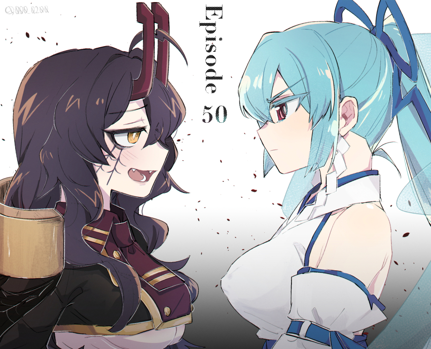 2girls, ahoge, an_sin, black_cape, black_hair, black_horns, black_necktie, blue_hair, blue_ribbon, bright_pupils, cape, closed_mouth, collared_shirt, commentary_request, demon_horns, detached_sleeves, english_text, facial_tattoo, fangs, from_side, frown, hair_ribbon, half-closed_eyes, highres, hiiragi_utena, horns, long_hair, looking_at_another, magia_azure, magia_azure_(la_verita), magia_baiser, magia_baiser_(la_verita), magical_girl, mahou_shoujo_ni_akogarete, messy_hair, minakami_sayo, multiple_girls, necktie, open_mouth, ponytail, red_eyes, ribbon, shirt, sleeveless, sleeveless_shirt, spider_web_tattoo, spoilers, tattoo, twitter_username, white_pupils, white_shirt, white_sleeves, yellow_eyes