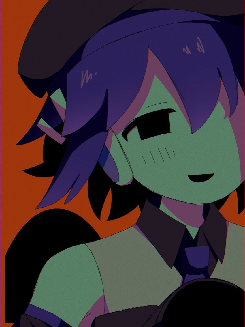 1girl, beret, black_eyes, black_hat, blush, collared_shirt, commentary, detached_sleeves